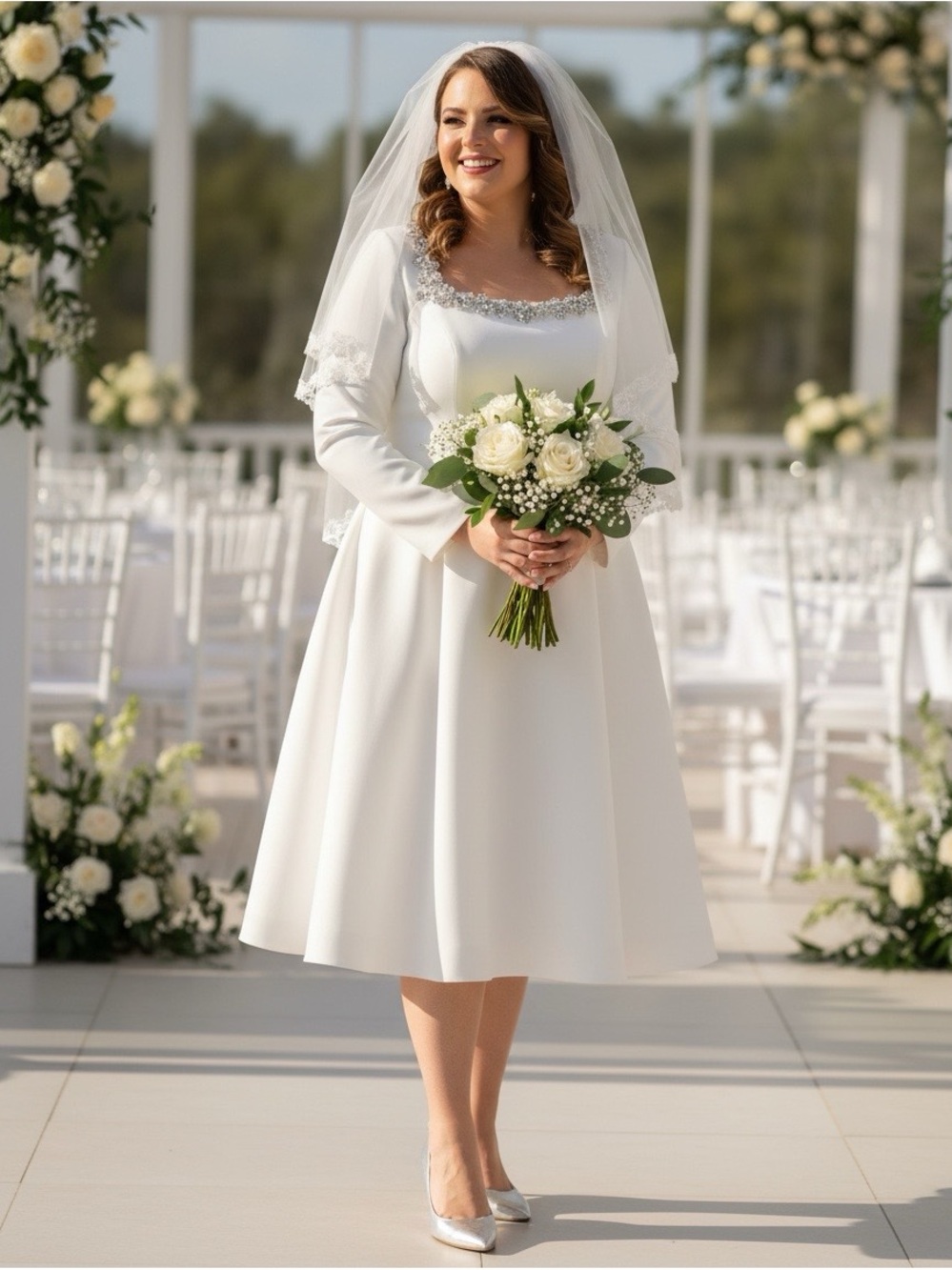 Timeless White Tea-Length Wedding Dress with Lace-Trim Square Neck